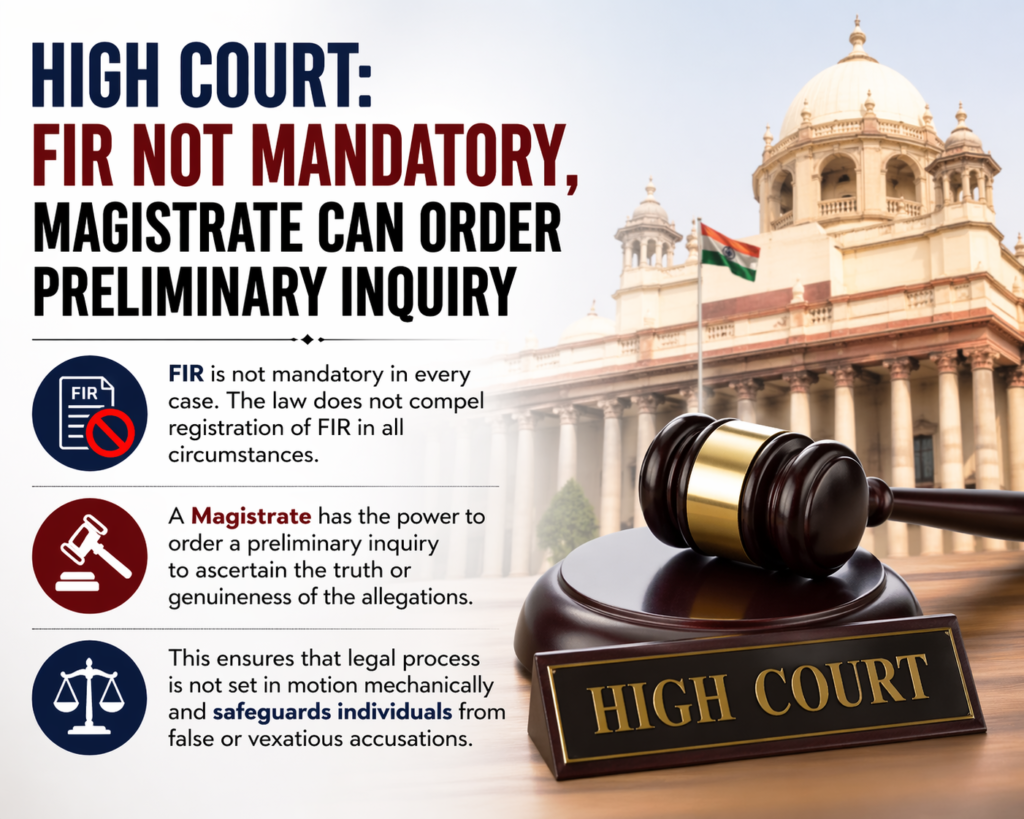 High Court: FIR Not Mandatory, Magistrate Can Order Preliminary Inquiry