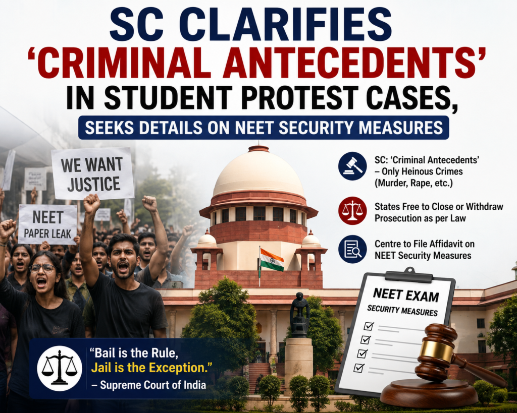 SC Clarifies ‘Criminal Antecedents’ in Student Protest Cases, Seeks Details on NEET Security Measures